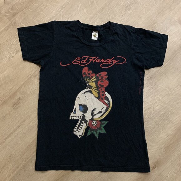 Vintage Y2K Ed Hardy By Christian Audigier Fitted Top T-Shirt Women's Large L - Picture 1 of 8